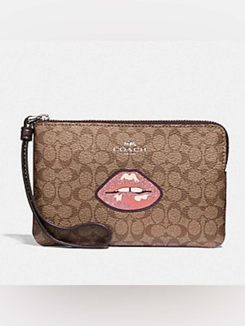 Coach Brown Signature Canvas Wristlet with Pink Lip Patch